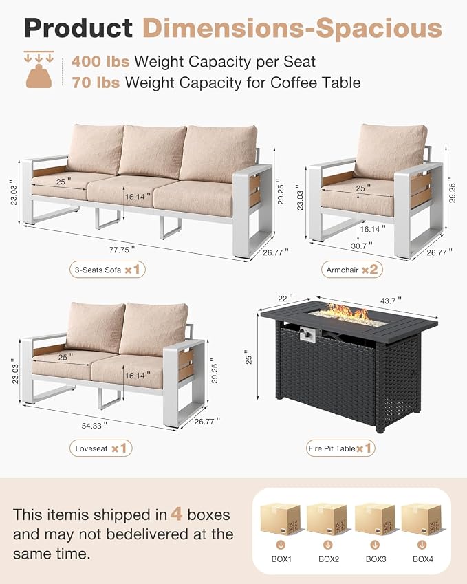 Aoxun Aluminum Patio Furniture Set with Fire Pit Table, 5 Piece Luxury Outdoor Sectional with 6" Olefin Fabric Cushions, Patio Conversation Sets with Waterproof Cover for Backyard, Porch Beige