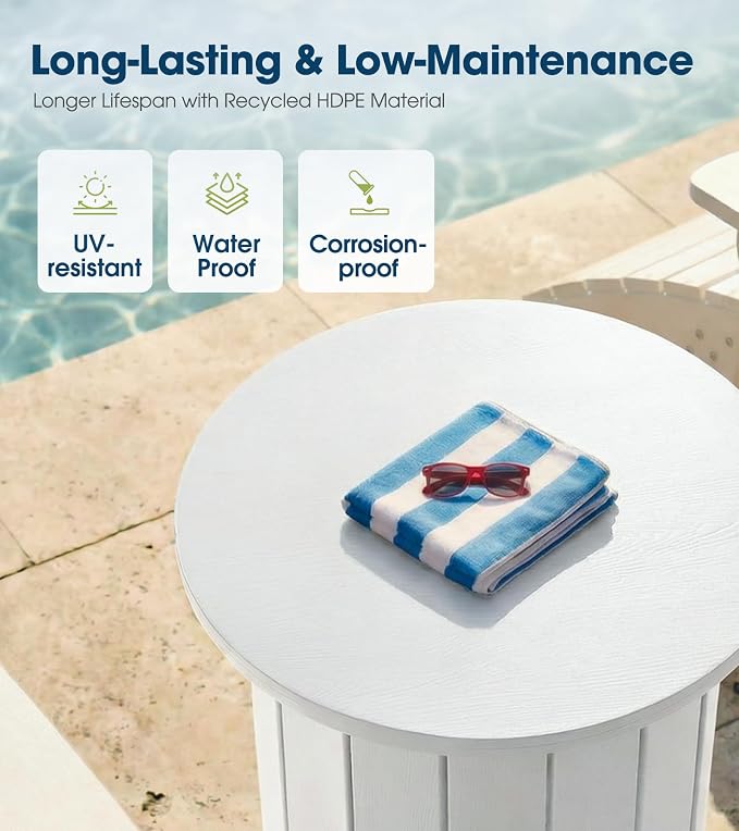 wikiwiki 2-in-1 70Lbs Patio Umbrella Base & Outdoor Side Table with Hole, HDPE Woodgrain Small Outdoor Table Fits 1.5-1.9in Pole for Patio, Deck, Poolside & Garden Use, White