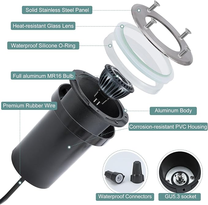 Low Voltage Landscape LED Well Lights, 12V in Ground Lights Outdoor IP67 Waterproof, 5" Tall Wired Landscape Up Lighting, Included Replaceable 5W 2700K MR16 Bulb Dimmable, 6 Pack