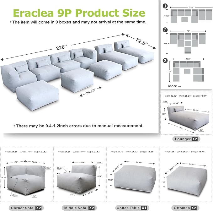 ANNYH Patio Modern ERACLEA(9P) Outdoor Furniture Sectional Conversation Set - Combines 2Lounger 2Middle 2Corner 3Ottoman/Coffee Exp Foam Filled Chairs.A Unique Modular Contemporary Sofa (Cloud Gray)