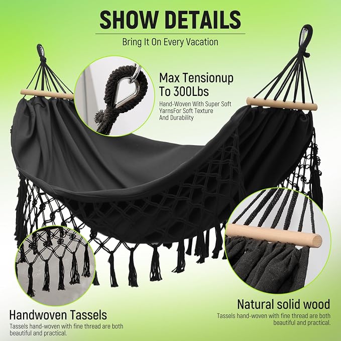 Bohemian Canvas Hammock with Tassels, Brown, 79"x39" | Soft Breathable Cotton Canvas Hammock,79x39in,2 Hanging Straps Wooden Bar;3 colors,compact for students renters dorm balcony
