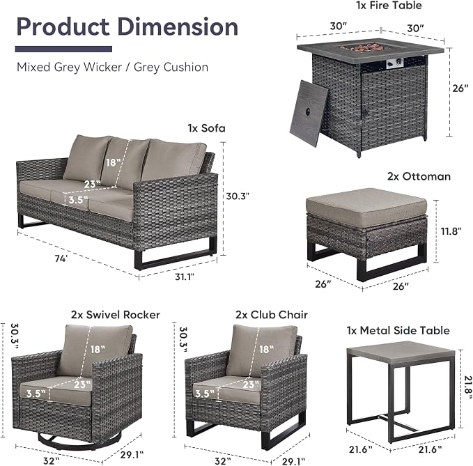 Belord Patio Furniture Set with Fire Pit Table: 9 Pieces Wicker Oversize Patio Conversation Set with Outdoor Swivel Glider Rocker Rattan Couch Ottomans, Anti-Rust Frame, Removable Cushion Grey