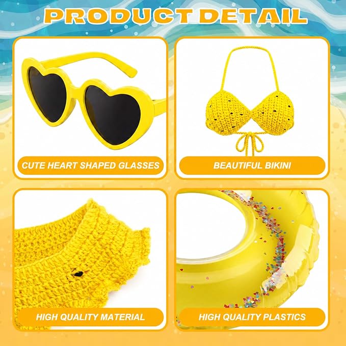 Summer Knitted Bikini Goose Outfit Hawaiian Beach Porch Goose Clothes Swimsuit with Wide Hat Sunglass Swim Ring for 17-23 Inch Cement Geese Statue Costume Outdoor Patio Lawn Garden Yard Decor