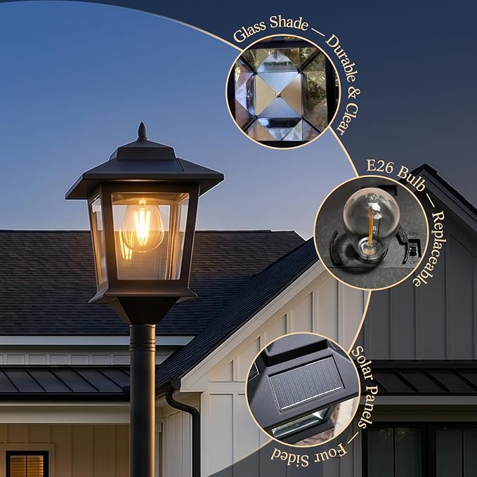 PASAMIC Solar Post Lights Outdoor, 2-Pack 63" Solar Lamp Posts Waterproof with 1 Replaceable Bulb, Warm White Dusk to Dawn Pole Lights for Garden, Patio, Pathway