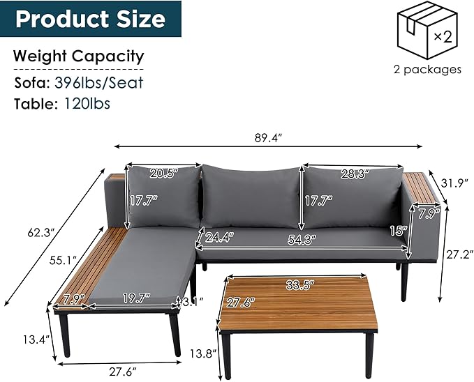 VilroCaz Luxury Outdoor Patio Furniture Set, L-Shaped Acacia Wood Sectional Sofa with Side Table, All-Weather Conversation Set with Removable Cushions and Coffee Table for Backyard Porch (Gray-4.20)