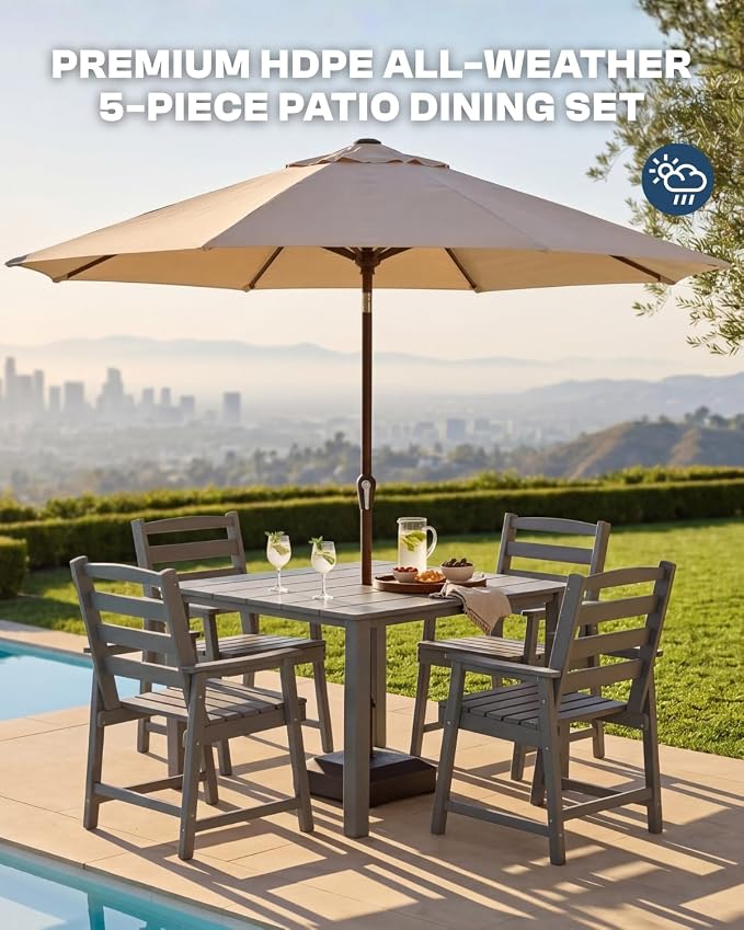 HDPE Outdoor Dining Set for 4, Armchairs, Grey | All-Weather HDPE, Wood Grain Finish, 42.5" Square Table, Built-In Umbrella Hole, Seats 4, Patio & Poolside Ready
