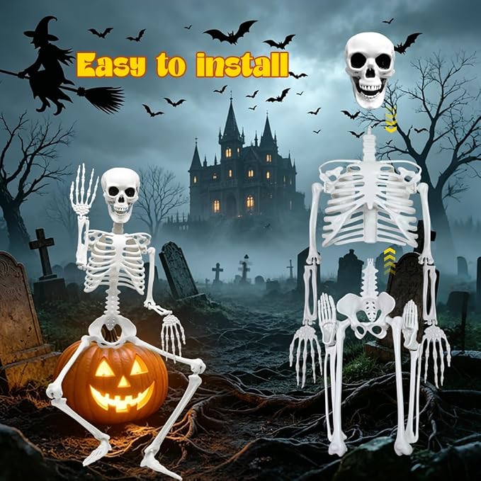 2PACK 36" Skeleton Halloween Decorations, 3FT Skeleton with Movable Joints | Plastic Skeleton for Indoor Outdoor Haunted House Prop Decor