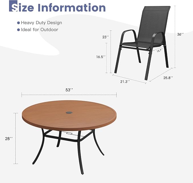 VICLLAX Round Patio Dining Set for 8, Metal Slatted Patio Table with Umbrella Hole and Stackable Patio Chairs for Deck Lawn Garden, Black Fabric and Walnut Tabletop