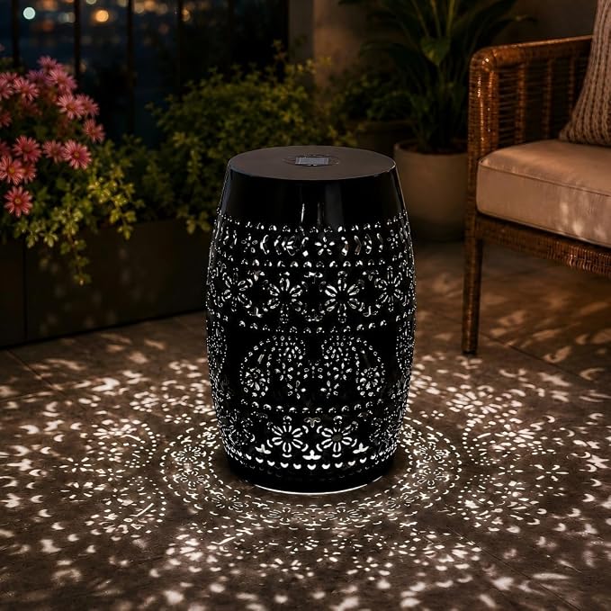 12" Outdoor Solar Side Table, Decorative Cutout Metal Round Side Table, Multi Functional - Coffee Table, Night Stand, Plant Stand for Patio, Garden, Backyard, Gazebo Indoor (Black)