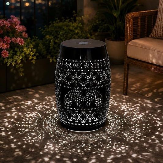12" Outdoor Solar Side Table, Decorative Cutout Metal Round Side Table, Multi Functional - Coffee Table, Night Stand, Plant Stand for Patio, Garden, Backyard, Gazebo Indoor (Black)