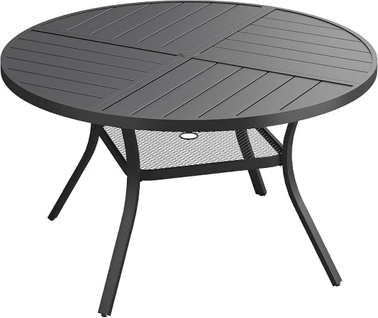 VICLLAX 47.2" Round Outdoor Table, Patio Dining Table for 6 with Umbrella Hole for Garden Lawn Deck Backyard, Black
