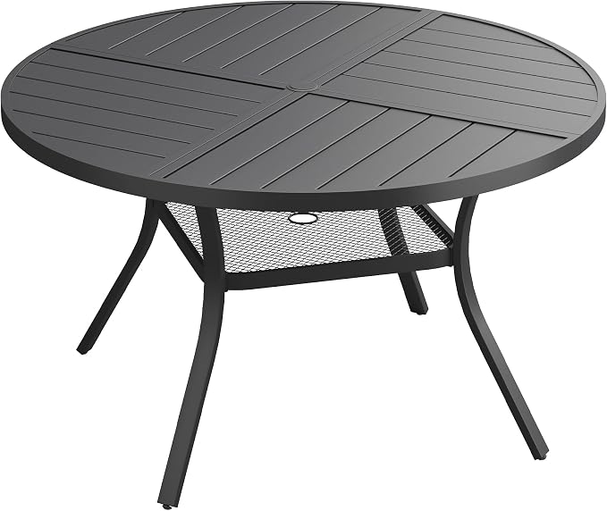 Patio Dining Table for 4-6, Round Metal Outdoor Table with Storage Shelf, 1.57" Umbrella Hole, 47" Outdoor Quartered Tabletop Dining Table for Backyard, Porch, Lawn, Black