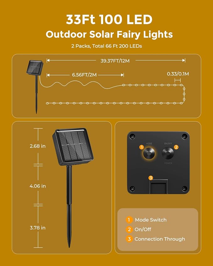 Brightown Solar String Lights, 2 Packs Total 66Ft 200 LED Solar Fairy Lights with 8 Modes, Waterproof Solar Lights for Outside Patio Yard Tree Wedding Christmas(Warm White) | Waterproof Twinkle Lights Outdoor & Indoor Solar Lights for Outside Patio Yar...