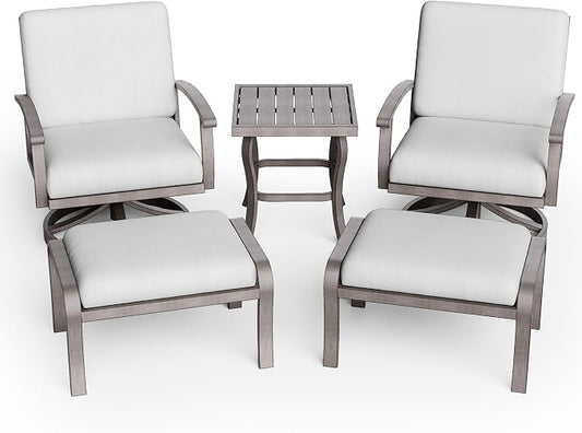 HAPPATIO 5 Piece Aluminum Outdoor Patio Furniture Set, Swivel Rocker Patio Chairs with Ottomans and Side Table, Balcony Furniture, Patio Conversation Set for Porch Garden (Gray)
