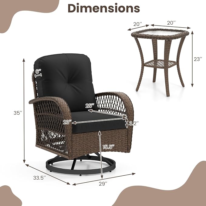 ORALNER 3 Pieces Wicker 360° Swivel Rocker Set Patio Furniture, Rocking Chairs with Cushions, Tempered Glass Coffee Table, Outdoor Rattan Bistro Set for Balcony Front Porch Deck Poolside (Black)