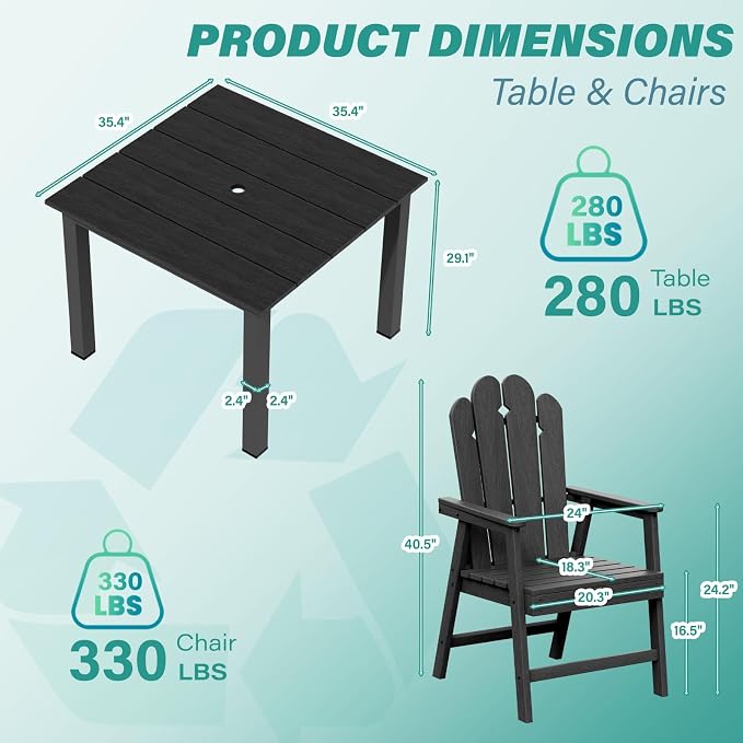 5 Piece Outdoor Dining Set for 4, Patio Table and Chairs Set, Black | 4 person HDPE outdoor dining set,high back 304 stainless steel, weather resistant up to 10 years, low maintenance patio set
