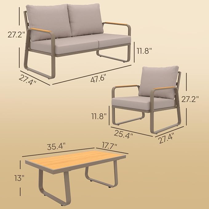 Outsunny 4 Piece Patio Furniture Set, Outdoor Conversation Set with Loveseat, 2 Armchairs, Coffee Table and Cushions, Garden Furniture with Metal Frame for Poolside Porch, Brown