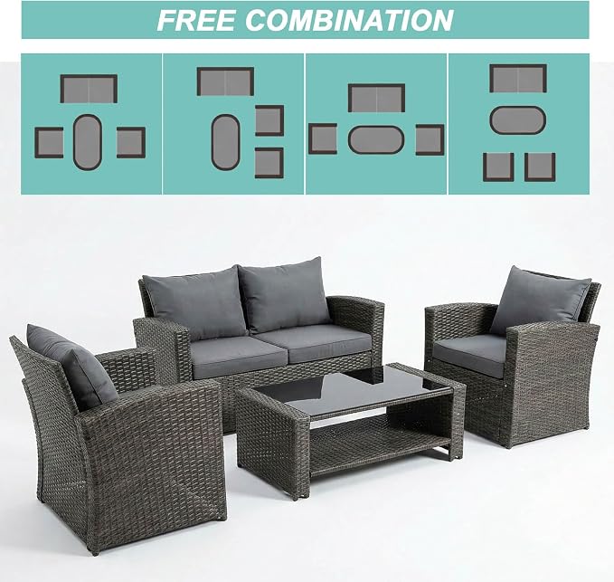 4 Pieces Outdoor Patio Furniture Set, PE Wicker Patio Conversation Set with Cushions and Tea Table, All-Weather Outside Rattan Sectional Sofa for Backyard,Porch, Garden, Balcony, Grey