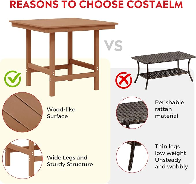 Costaelm Outdoor Patio Table, Outdoor Dining Table for 4, Weather Resistant Square Patio Table with Umbrella Hole for Garden, Poolside, Porch, Teak
