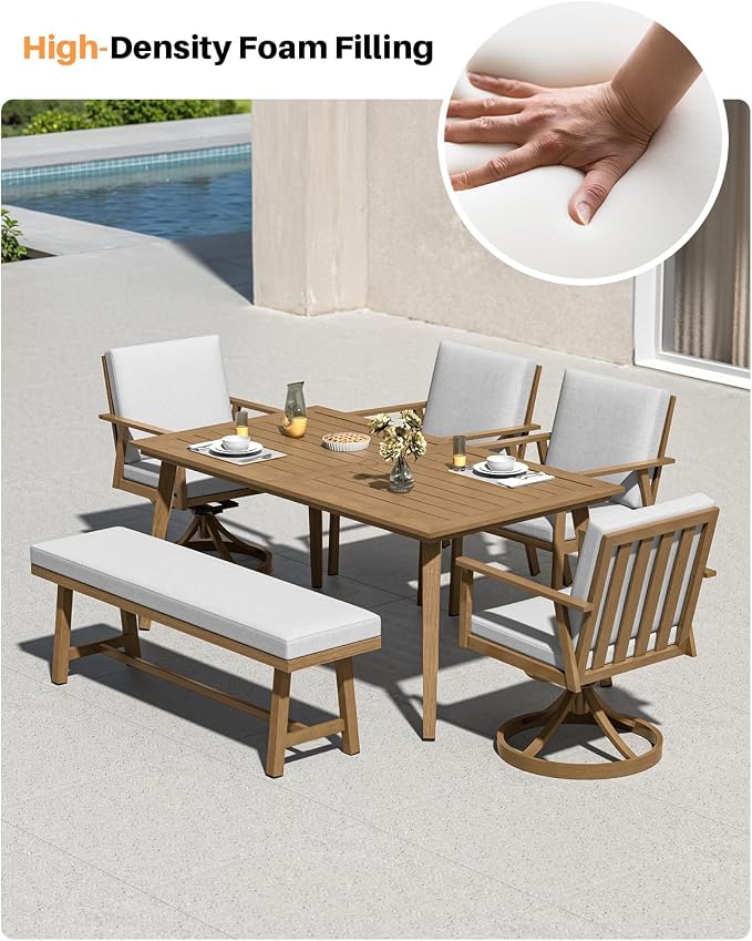6-Piece Never-Rust Patio Dining Set, Aluminum Patio Furniture Set Includes Rectangle Dining Table, 2 Chairs, 2 Swivel Chairs & Outdoor Backless Bench, Patio Bench Set for Garden, Deck, Teak
