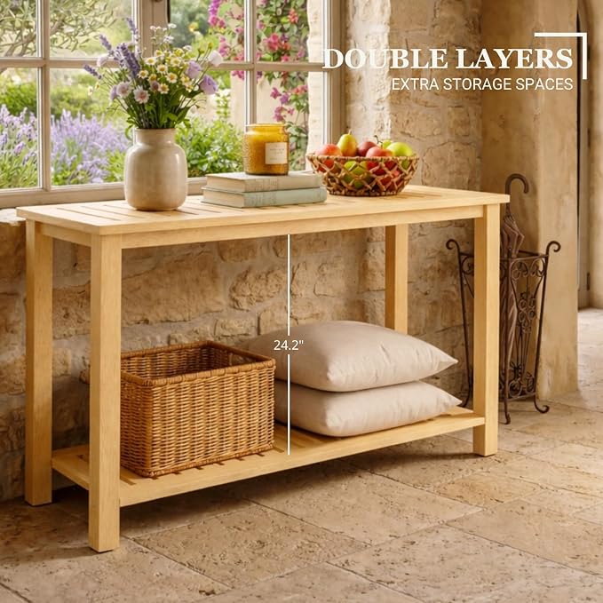 Premium 2-Tier Wooden Console Table with Storage Shelf Solid Eucalyptus Wood 48.03"x 16.14"x 31.1" Entryway Sofa Table for Hallway, Living Room (Natural)