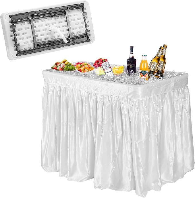 4FT Ice Cooler Table, Outdoor Deep Ice Table w/Matching Skirt, Powder Coated Metal Legs, Patio Ice Tables for Parties with Drain, Party Ice Bin Table for Wedding, Tailgating, Camping & Picnic