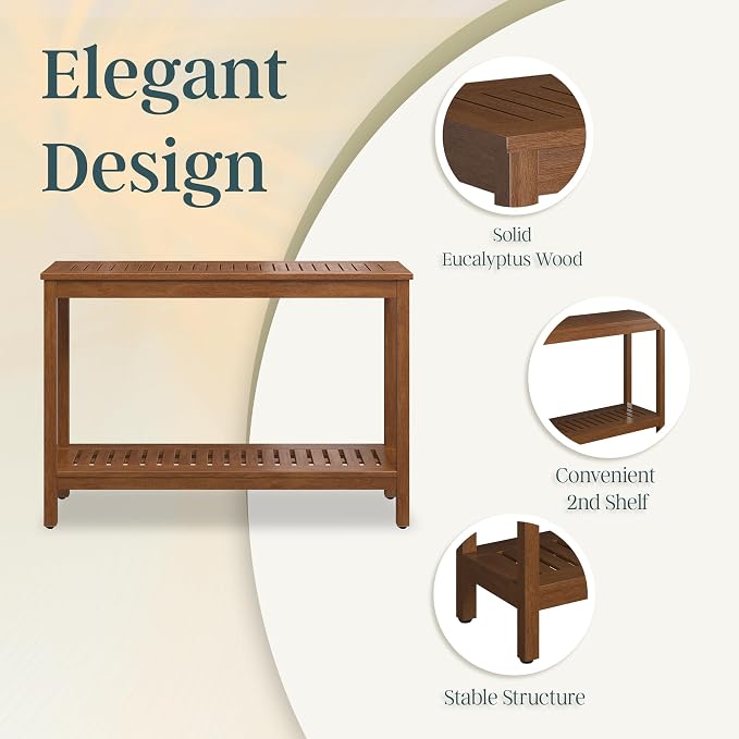 DTY Outdoor Living Eucalyptus Wood Console Table, Two-Shelf Outdoor Buffet, Brown Weather-Resistant Finish