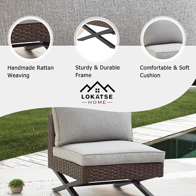 LOKATSE HOME Patio Sofa Rattan Armless Chair X Shape Leg Metal Frame Outdoor Wicker Furniture with Cushions for Garden Backyard Pool, Brown