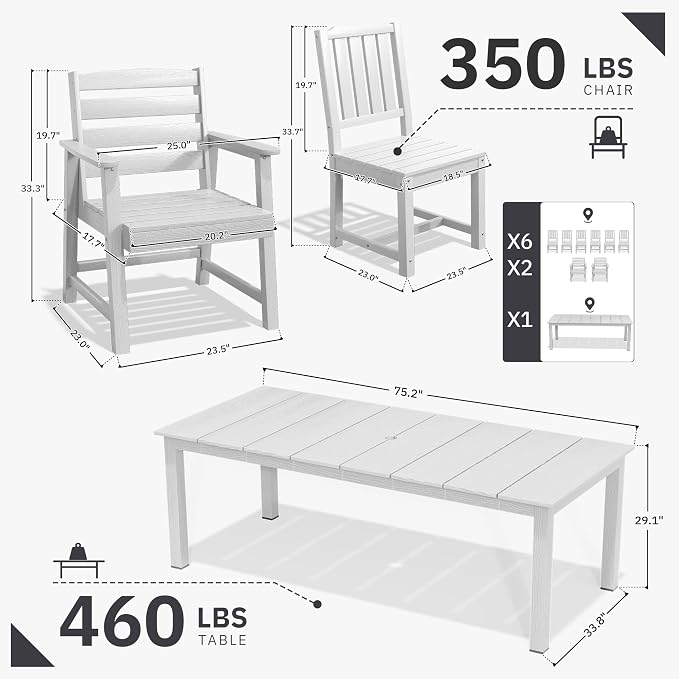 AreShark Outdoor Dining Table,All Weather Rectangular Patio Table for 6,Heavy-Duty HDPE Table with Umbrella Hole and Aluminum Frame,Weatherproof Outdoor Furniture for Backyard, Garden,White