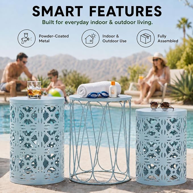 Y&M Outdoor Side Tables Set of 3, Metal Stacking Patio Side Tables for Outside, Round Indoor End Tables, Decorative Garden Stool Plant Stand for Patio Garden Balcony Porch, Light Blue