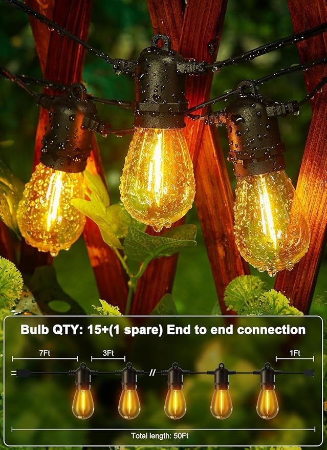 Brightown Outdoor String Lights, 50FT 15 Bulbs Shatterproof Patio Lights | IP65 Waterproof Dimmable Hanging Connectable LED Outdoor Lights for Backyard, Bistro, Porch, Deck, Balcony