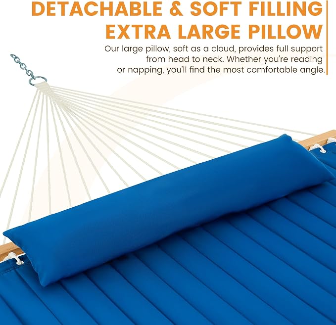 Lazy Daze 12 FT Double Quilted Fabric Hammock with Spreader Bars and Detachable Pillow, 2 Person Hammock for Outdoor Patio Backyard Poolside, 450 LBS Weight Capacity, Dark Blue/Natural