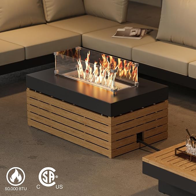 homary Patio Conversation Sets with Fire Pit, Modular Outdoor Sofa Aluminum & Teak Outdoor Sectional with Glass Wind Guard Ideal for Patios & Balconies, 6 Pepole, Beige