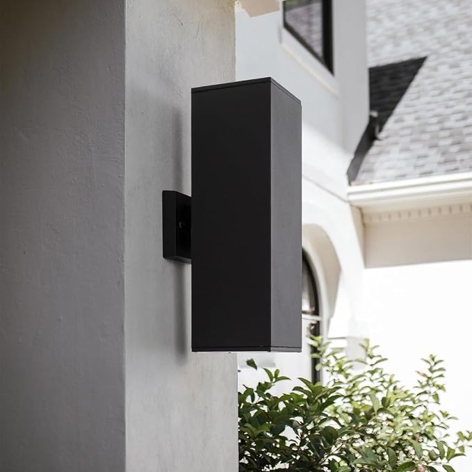 mirrea 18" Modern Outdoor Porch Light in 2 Lights, Matte Black, 2 Pack | Patio wall sconce, aluminum rectangular tube, tempered glass, waterproof. Up & down lighting for outdoor wall mount fixture.