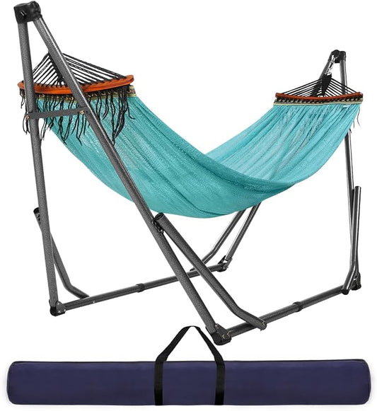 Goutime Collapsible Hammock Stand with Carry Bag, 550lbs,Portable,Sky Blue | 3 level adjustable up to 10ft, double layer hammock net, fits indoor, yard, camping, and outdoor use