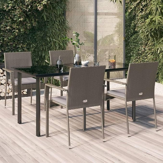5 Piece Patio Dining Set with Cushions Black and Gray Poly Rattan Outdoor Table and Chairs for Garden Deck Backyard Lawn Porch Tempered Glass Top