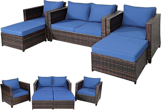 DORTALA 5-Piece Outdoor Patio Conversation Set, Loveseat and 2 Ottoman, Outdoor Sectional Rattan Sofa Set, Multifunctional Rattan Furniture Set Suitable for Home Backyard Garden Poolside Balcony, Navy
