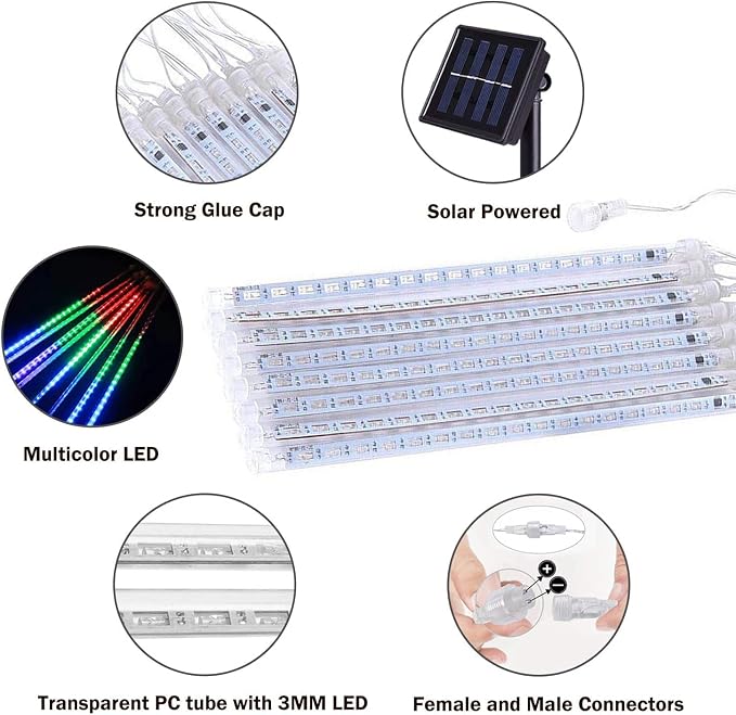 JMEXSUSS 2 Pack Solar Meteor Shower Lights, 16 Tube 288 LED | Multicolor Meteor Christmas Lights, Solar Christmas Lights Outdoor Waterproof for Tree Christmas Decorations