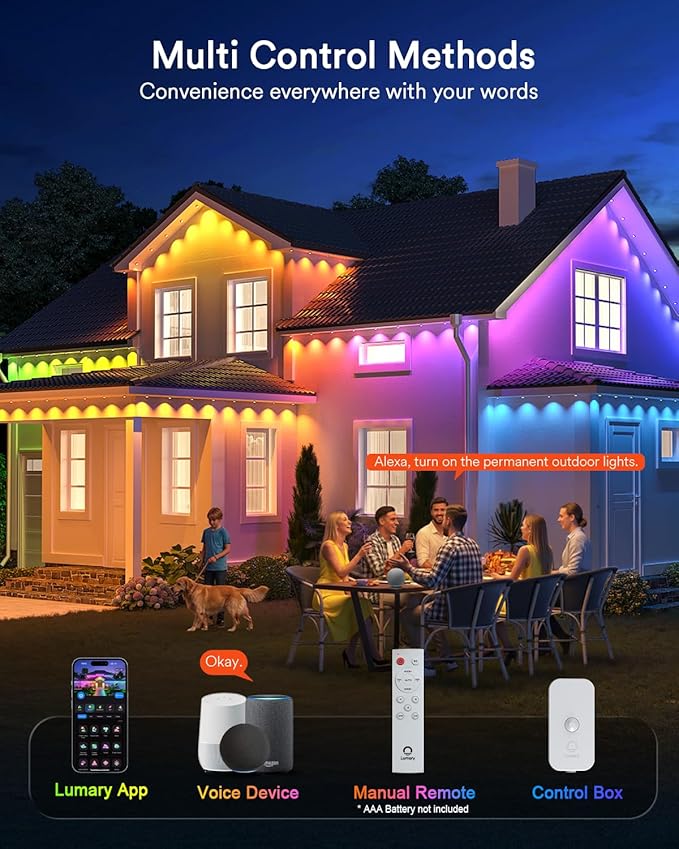 Lumary Permanent Outdoor Lights 2 with Remote, 150ft RGBAICW Outdoor Lights | 16 Million Color, IP 67 Waterproof, Work with Alexa Google, 110+ Scene Modes for Outdoor House Patio Area, 90 RGBAICW LEDs