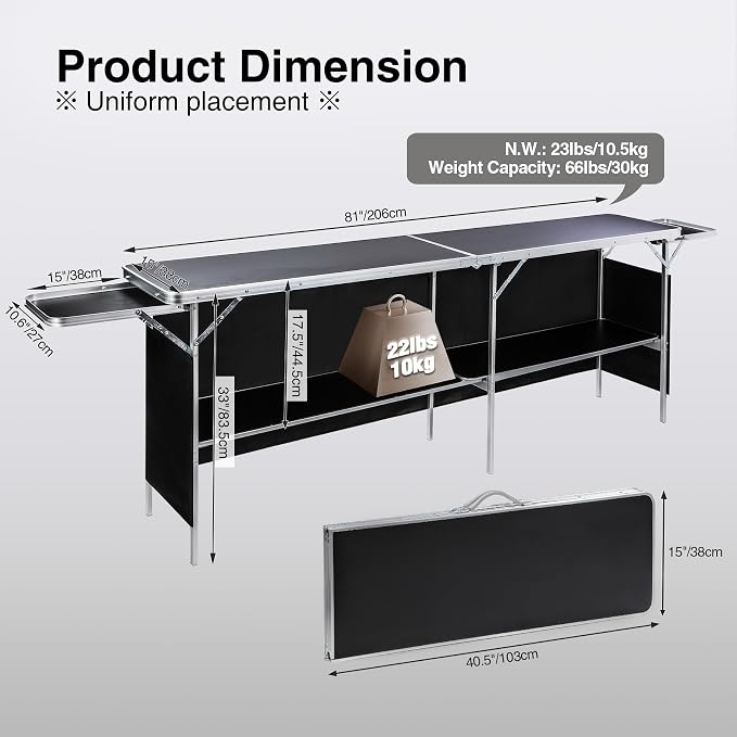 REDCAMP Portable Bar Table, Pop Up Folding Mobile Bar Bartender Table Podium Table with Side Rack for Events, Party, Camping, Tradeshow, Exhibition, Easy Setup, Black, 111"x33"x15"