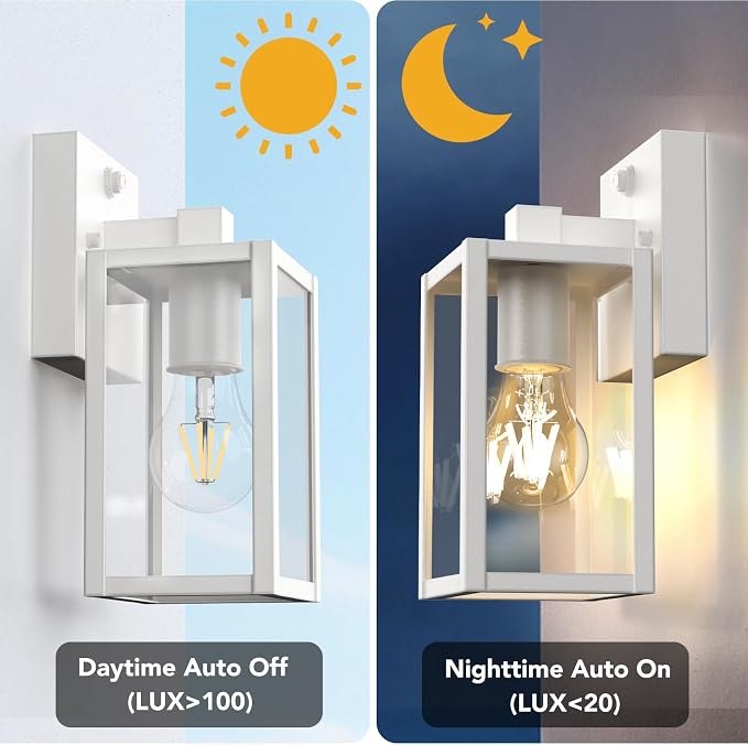 Dusk to Dawn Outdoor Light Fixtures, 2-Pack Sensor Porch Lights, Waterproof Exterior Wall Sconce Lighting Lamp, Waterproof Wall Lantern for House, Doorway, Garage (White)