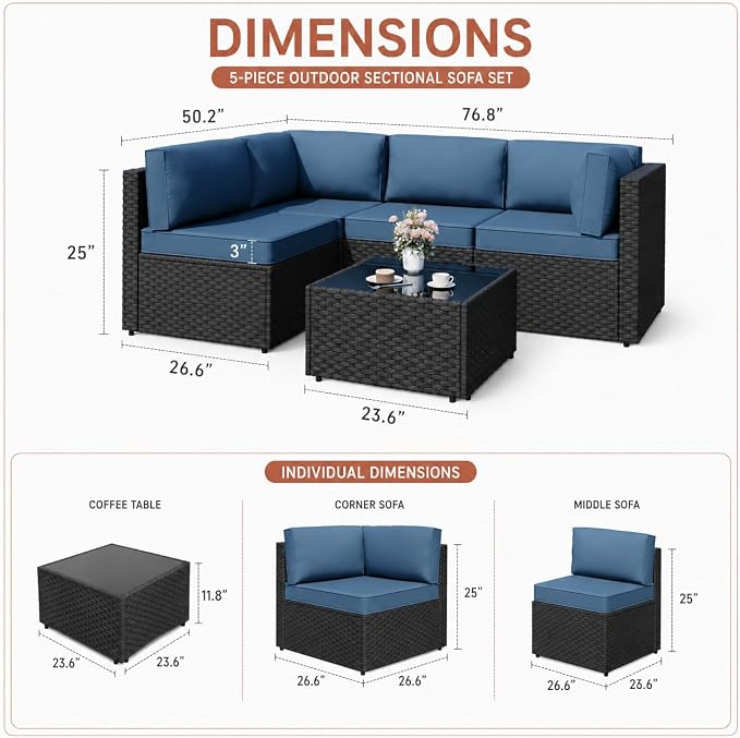 JAMFLY 5-Piece Patio Furniture Set, Outdoor Wicker Sectional Sofa with 4-Inch Thick Cushions & Coffee Table, All-Weather PE Rattan Conversation Set for Backyard, Garden, Poolside, Aegean Blue