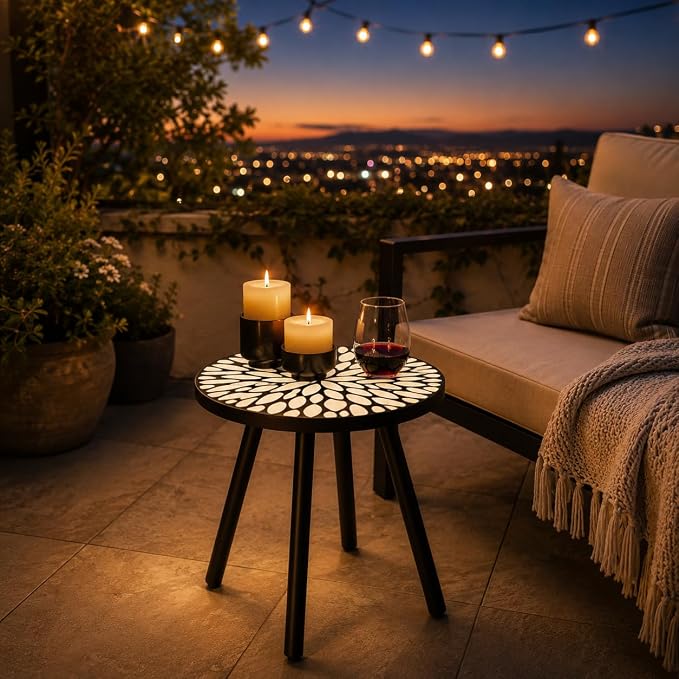 Laurel Outdoor Side Table, 18" Mosaic Round Accent Table with Ceramic Tile Tabletop and Steel Frame, Indoor Small Decorative Plant Stand & End Table for Living Room, Patio, Garden - Black/White
