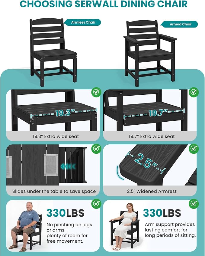 SERWALL 7-Pc HDPE Patio Dining Set, 1 Table & 6 Armless Chairs, Black | HDPE Outdoor Dining Set with Rectangular Table & 6 Armless Chairs, All-Weather Resistant SERWALL Dining Set for 6