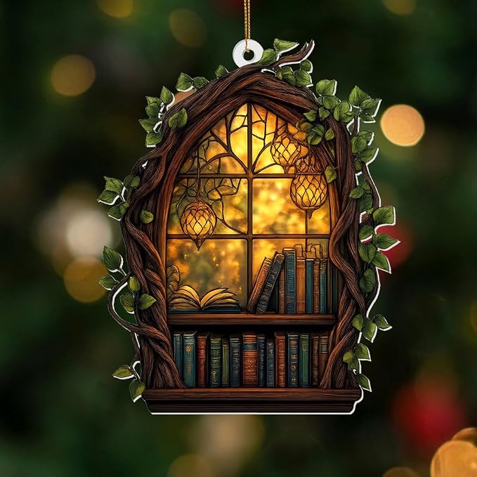 Gothic Window Book Ornament – Stained Glass Style Acrylic Christmas Ornament with Books & Ivy, Fantasy Home Décor, Book Lover Gifts for Women, Teacher & Librarian Holiday Decoration(Sun-19)