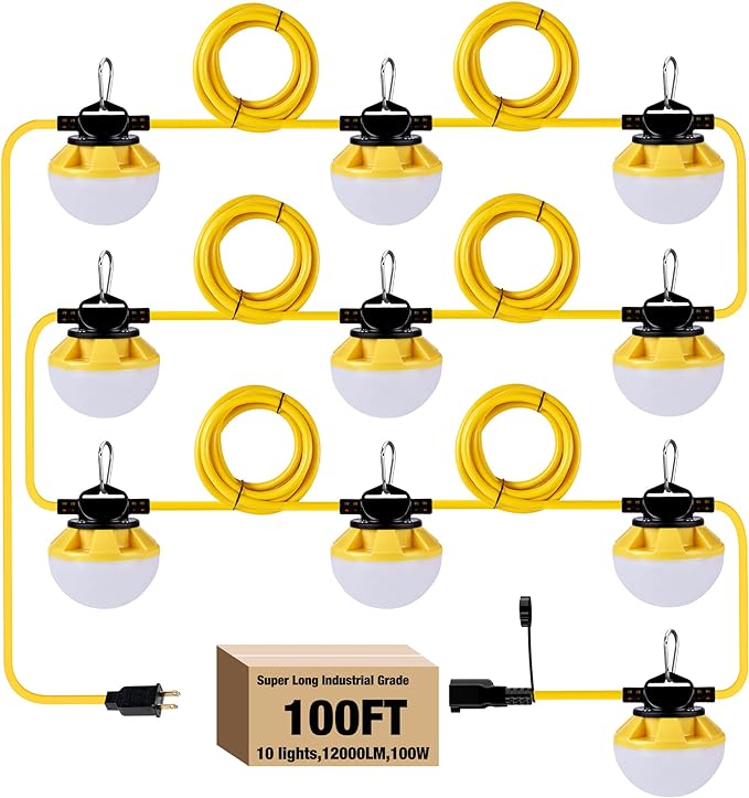 100FT Construction String Lights, IP65 Waterproof ETL Certified LED String Work Lights, 5000K Daylight 18AWG Wire Linkable Temporary Construction Lighting for Jobsite with 10 Bulbs & Hooks
