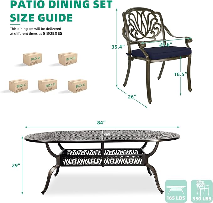 VIVIJASON 9-Piece Outdoor Furniture Dining Set, All-Weather Cast Aluminum Patio Conversation Set, Include 8 Cushioned Chairs and an Oval Table with Umbrella Hole for Lawn Backyard, Navy Blue Cushion