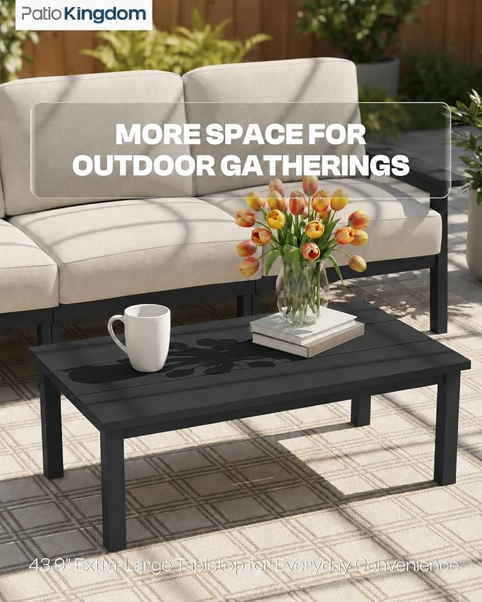 43.9" HDPE Outdoor Coffee Table, (Black) | All-Weather HDPE, Easy Assembly, Low-Maintenance, Large Tabletop, For Patio Deck Poolside Backyard Use