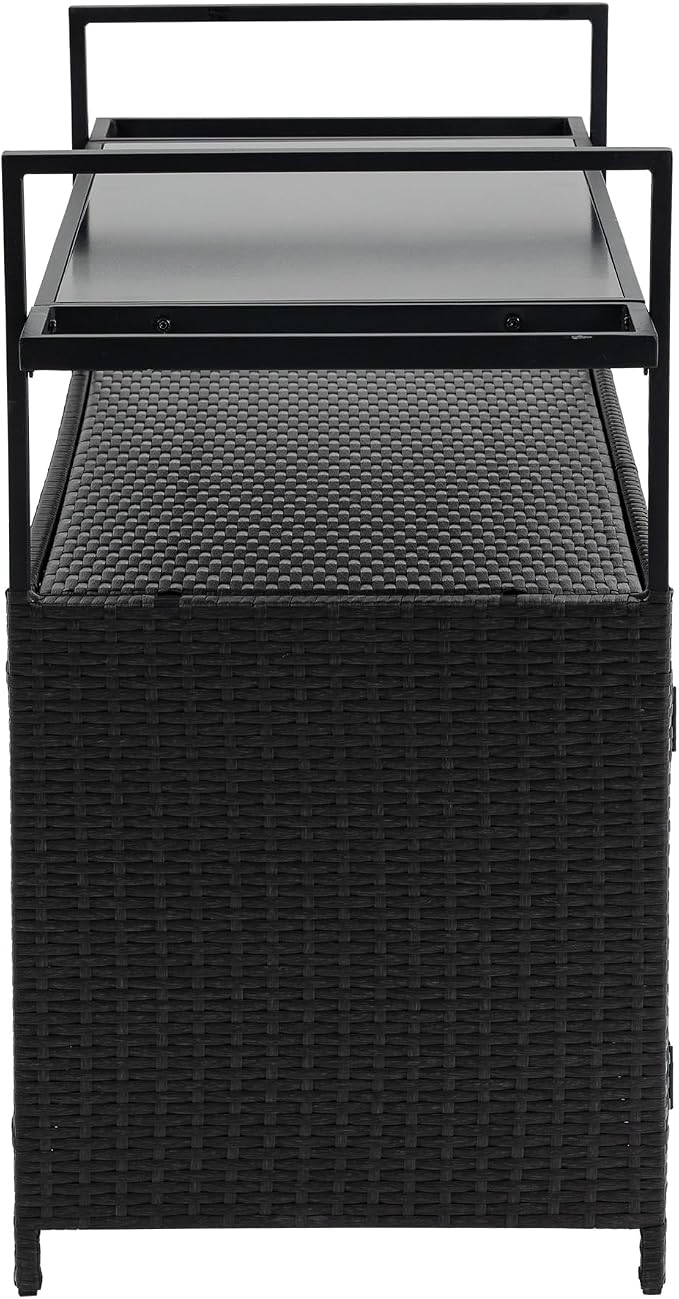 Outdoor Kitchen Island Wicker Rattan Bar Table, Glass Top Patio Serving Cart Rolling Bar Cart with 2-Tier Shelf & Cabinet for Patio Poolside Party (Black)