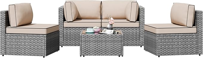 Patio Furniture Sets, 5 Piece Outdoor Sectional Sofas, Wicker Rattan Outdoor Furniture Patio Conversation Set, All-Weather PE Rattan Outdoor Couch for Backyard, Garden, Gray & Khaki